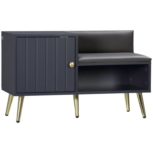 Modern grey shoe bench with cushioned seat, storage cabinet, and open shelf for entryway organization