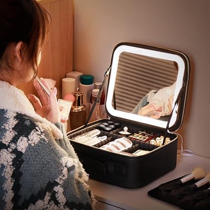Makeup Bag with LED Mirror – 3-Color Light & Customizable Storage - Samanta Factory