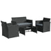4-piece rattan garden furniture set with two chairs, loveseat, and glass-top table