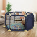 Secure slip-resistant playpen with chew-proof mesh and easy-latch door for toddlers and crawlers.