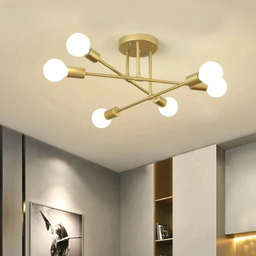 Contemporary iron ceiling light with minimalist design, installed in a modern living room interior