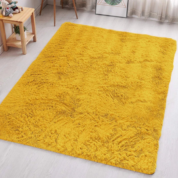 Plush shaggy area rug with high-density pile in a modern living room setting
