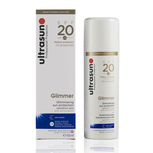 Ultrasun Glimmer Shimmering Sun Protection SPF20 in a 150ml airless pump dispenser for sensitive skin with golden shimmer glow