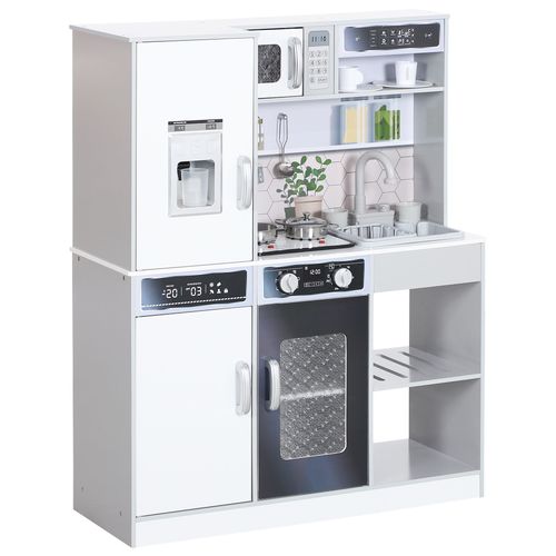 White wooden kids toy kitchen set with fridge, microwave, sink, and accessories