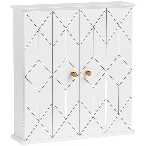 White bathroom cabinet with gold-tone design, three-tier shelving, and adjustable storage.