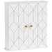 White bathroom cabinet with gold-tone design, three-tier shelving, and adjustable storage.