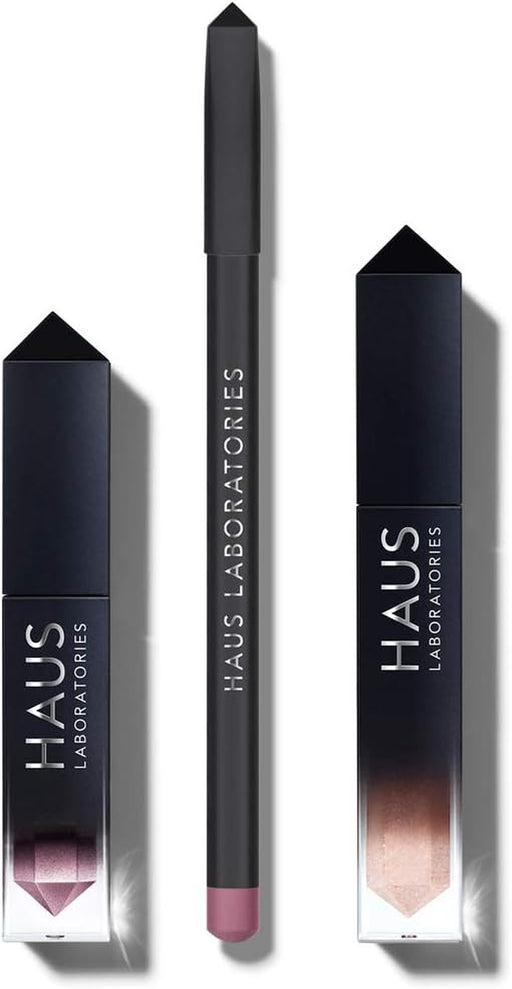 Lady Gaga makeup kit with liquid eyeshadow, lip liner, lip gloss, and compact pouch
