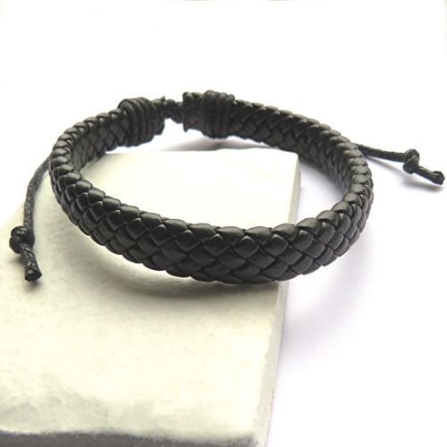 Men's Black Leather Weave Bracelet - Samanta Factory