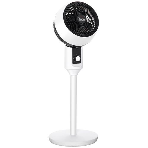 32-inch black and white air circulator fan with oscillation and round base