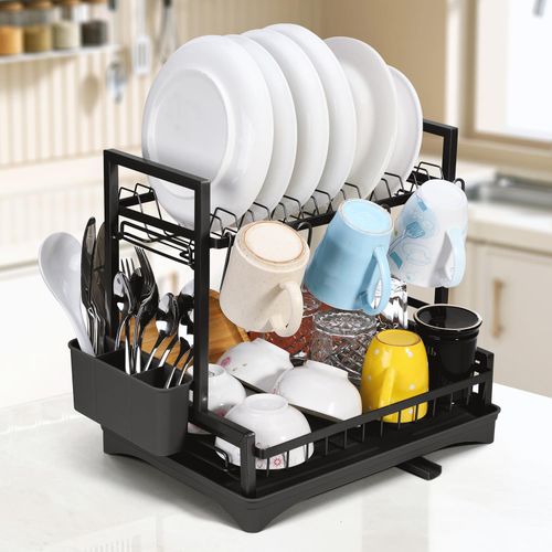 
Black 2-tier dish drainer with adjustable drip tray and rust-proof stainless steel frame
