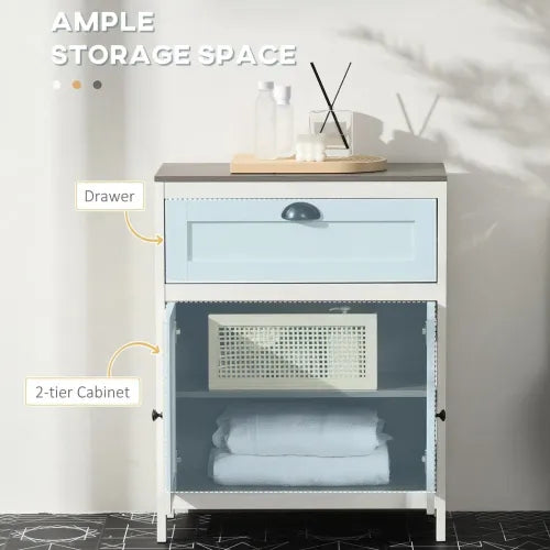 White bathroom storage cabinet with drawer, adjustable shelf, and wood-effect top