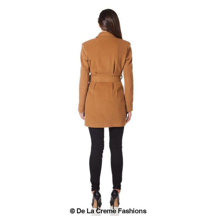De La Creme - Womens Camel Textured Short Belted Coat - Samanta Factory