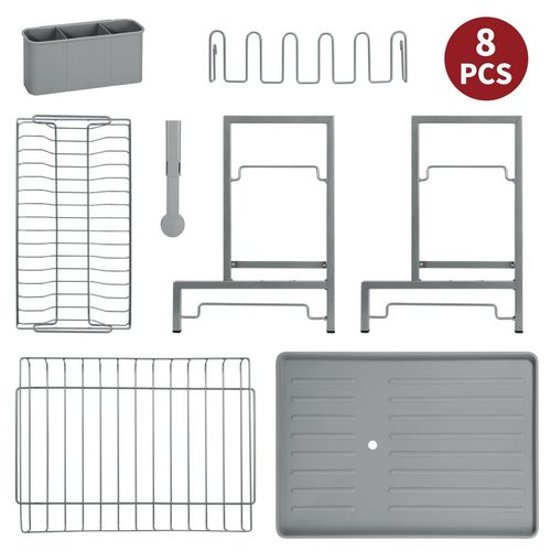 Grey 2-tier dish drainer rack with rust-proof frame and adjustable drip tray