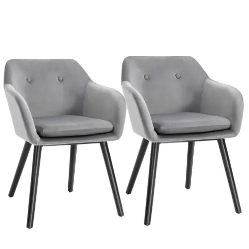 Modern grey upholstered bucket dining chairs with curved back and black metal legs – set of two