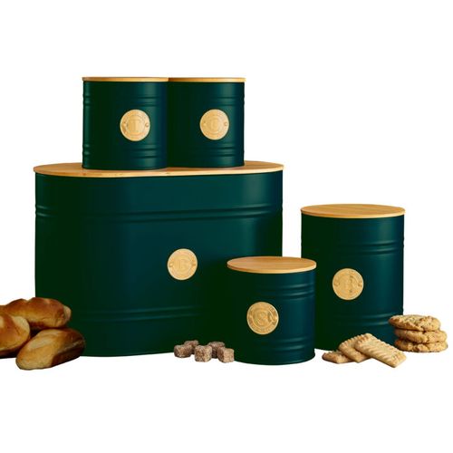 Emerald Green Kitchen Canister Set with Bamboo Lids, Bread Bin and Biscuit TinSamanta Factory