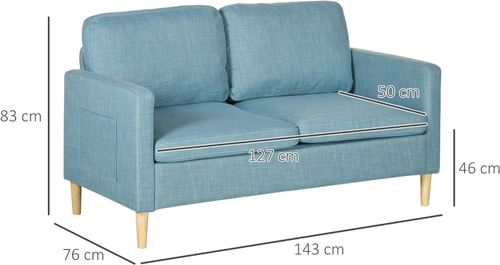 2-Seater Sofa | Modern Linen-Look Couch w/ Storage Pockets & Wood Legs - Blue - Samanta Factory
