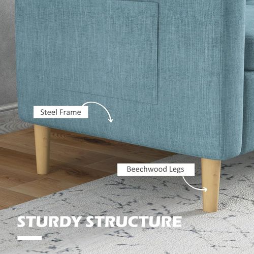 2-Seater Sofa | Modern Linen-Look Couch w/ Storage Pockets & Wood Legs - Blue - Samanta Factory