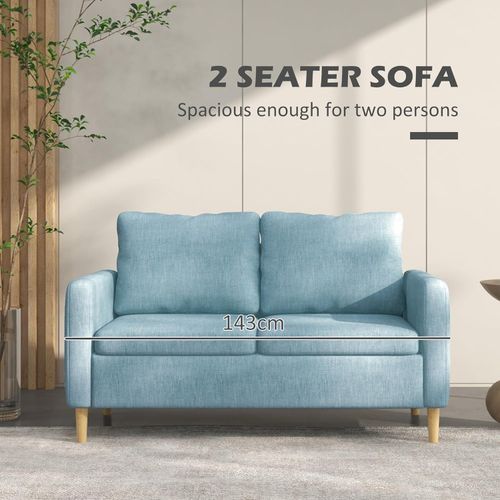 2-Seater Sofa | Modern Linen-Look Couch w/ Storage Pockets & Wood Legs - Blue - Samanta Factory