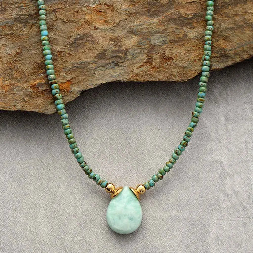 Handmade teardrop amethyst necklace with seed beads and adjustable gold-tone chain