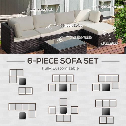 Outsunny 6-Piece Rattan Garden Set | Modular Sofa w/ Tempered Glass Table & Footstool - Brown - Samanta Factory