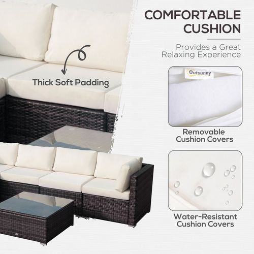 Outsunny 6-Piece Rattan Garden Set | Modular Sofa w/ Tempered Glass Table & Footstool - Brown - Samanta Factory