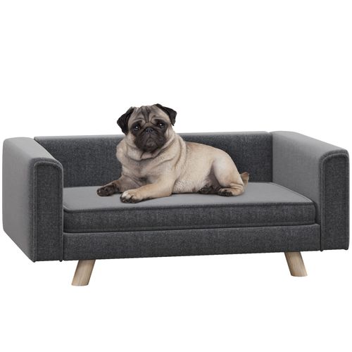 Elevated grey dog bed with wooden legs, orthopedic cushion, and wraparound armrests for small to medium dogs