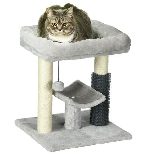 Compact PawHut cat tree with sisal scratching posts, plush bed, and feather toy
