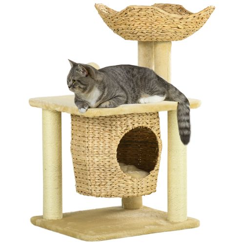 PawHut multi-level cat tree with scratching posts, hideaway, and beige design for small UK homes

