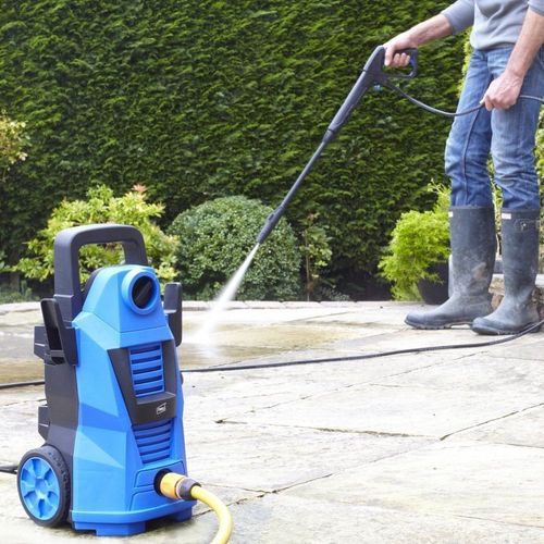 High-pressure 110 bar power washer with foam cannon and hose for patio and car cleaning
