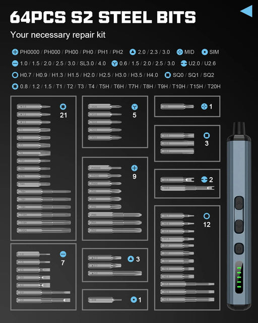 Electric precision screwdriver set with 64 bits, magnetic case, torque control, and USB-C charging