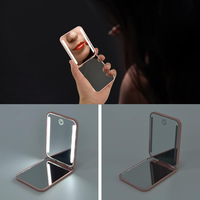 Rechargeable LED Compact Makeup Mirror with 1X/3X Magnification, Dimmable 3 Color Temperature, 400mAh Battery, Portable Travel Design, Ideal Gift for Women, Pink