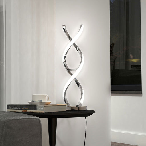 Chrome swirl LED table lamp with modern design and 3 dimmable brightness levels – sculptural desk or bedside lighting UK