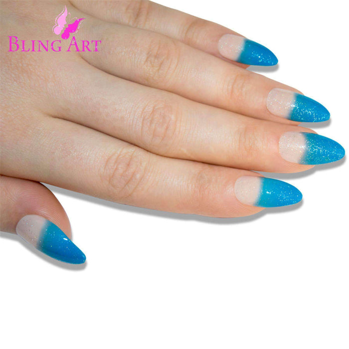 False Nails by Bling Art Blue Gel Glitter 24 Almond Stiletto Long Fake - Samanta Factory