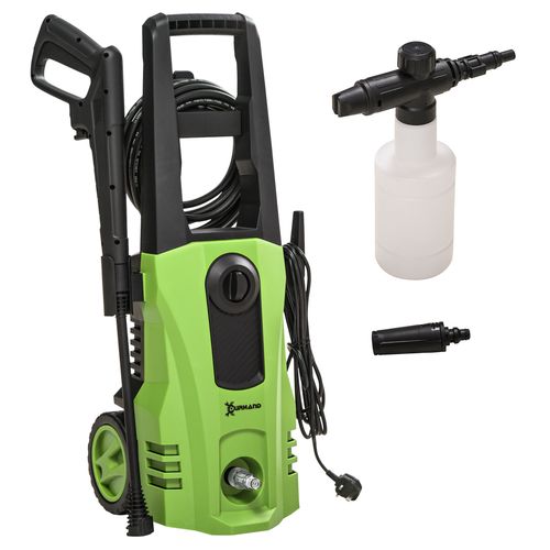 1800W high-pressure jet washer with adjustable nozzle, spray gun, hose, and cleaning accessories


