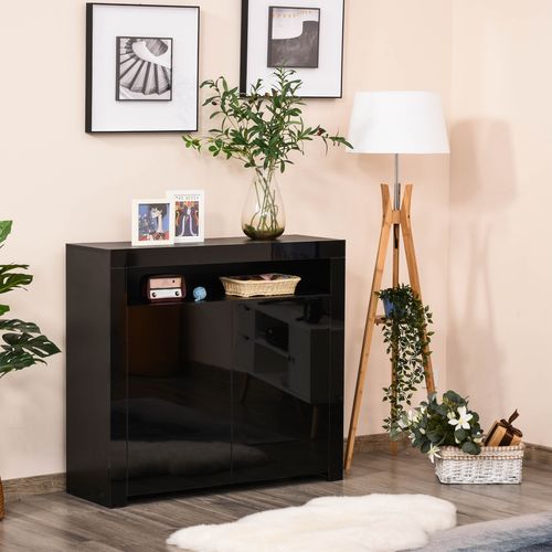 Black LED storage cabinet with RGB lighting and high gloss finish for modern interiors

