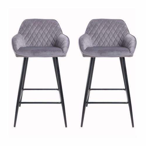 Velvet Bar Stools Set of 2 – Diamond Quilted Design with Arm & Foot Rests - Samanta Factory
