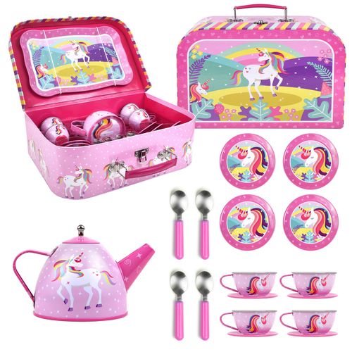 15-piece unicorn tea set for kids with pastel colours and BPA-free plastic pieces

