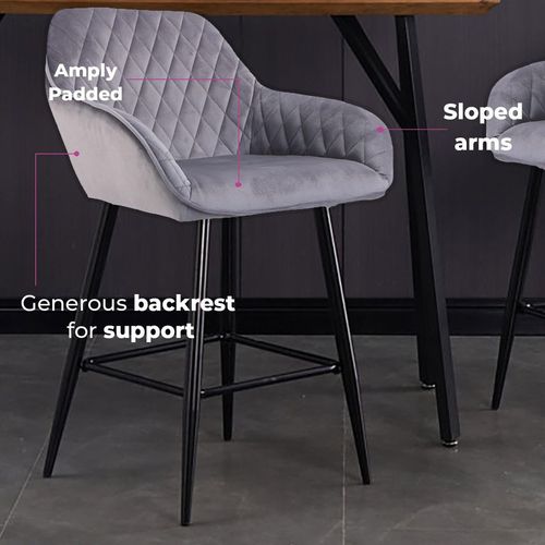 Velvet Bar Stools Set of 2 – Diamond Quilted Design with Arm & Foot Rests - Samanta Factory