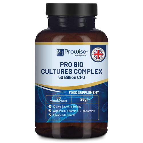 Bottle of Pro Bio Cultures Complex probiotics with 50 billion CFU label and prebiotic inulin
