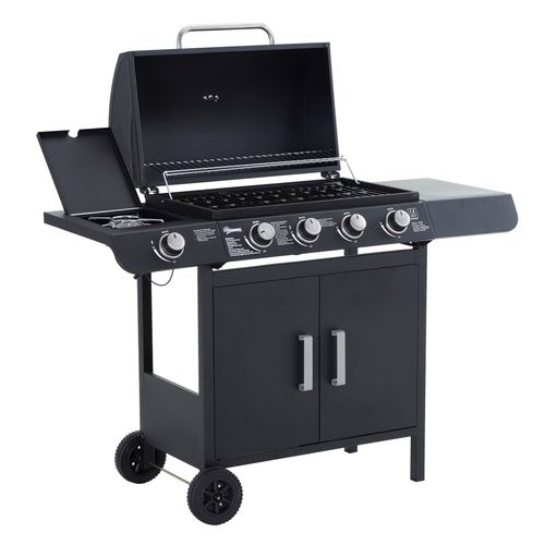 4+1 gas BBQ grill with stainless steel burners, side burner, lid, and storage cabinet for outdoor cooking

