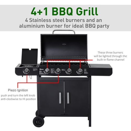 4+1 Gas BBQ Grill – Stainless Steel Burners with Side Burner & Storage for Outdoor Cooking - Samanta Factory