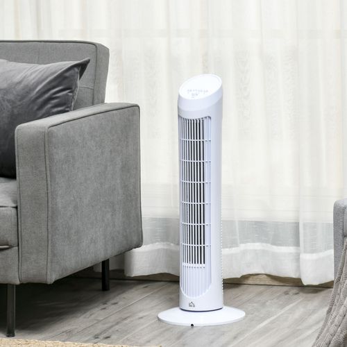 Slim white 30-inch oscillating tower fan with 3 speeds and top button control