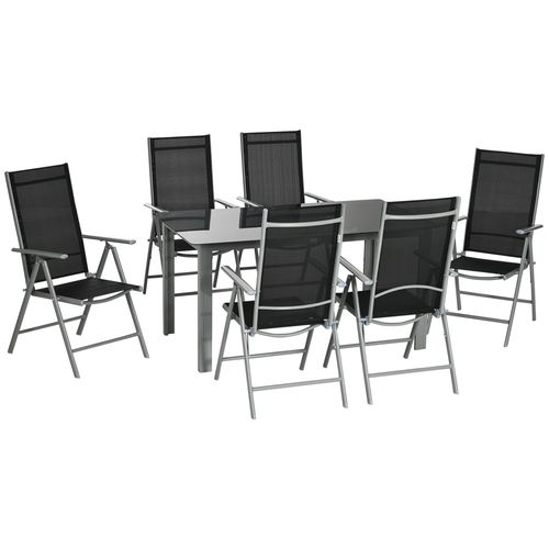 Seven-piece outdoor dining set with rectangular tempered glass table and six folding aluminium frame chairs