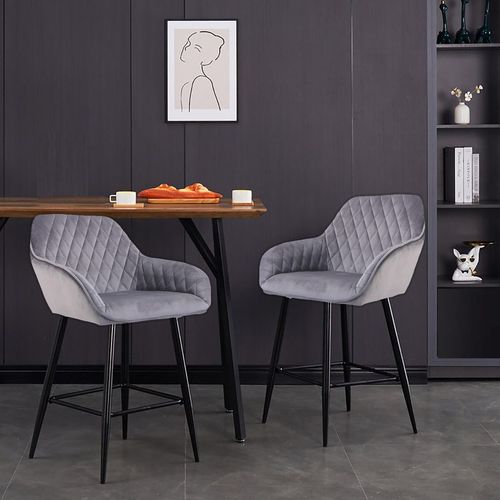 Velvet Bar Stools Set of 2 – Diamond Quilted Design with Arm & Foot Rests - Samanta Factory