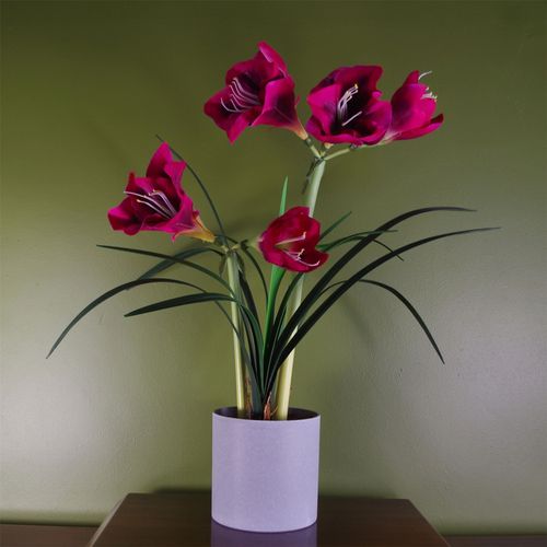 Realistic faux amaryllis flower arrangement with 5 blooms in grey pot

