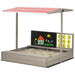Garden sandbox with adjustable canopy, seating for kids, chalkboard, and tic-tac-toe game in a backyard