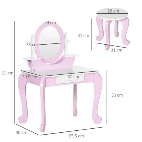 Kids Dressing Table with Mirror and Stool with Drawer for 3-6 Years Old, Pink - Samanta Factory
